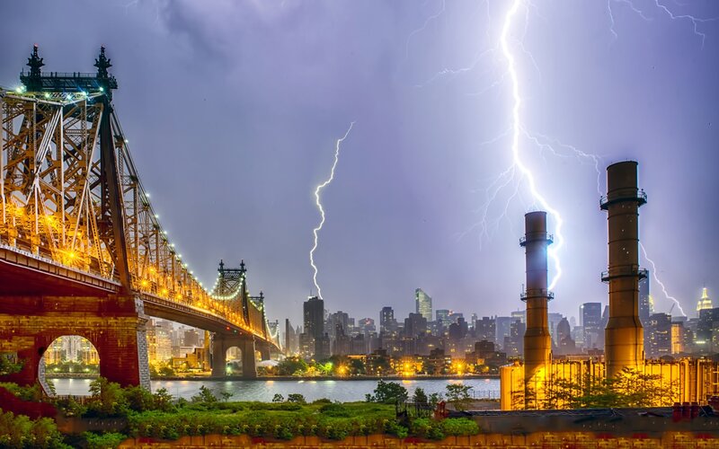 Lightning over City Bridge — Purple, Dramatic, Night
