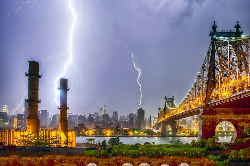 Lightning over City Bridge — Purple, Dramatic