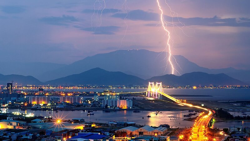 Lightning over City Bridge — Purple