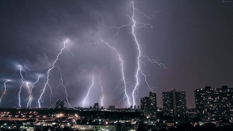Lightning over City — Gray, Dramatic, Night