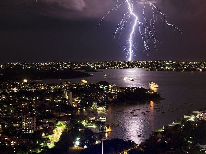 Lightning over City Harbor — Black