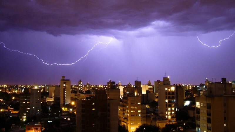 Lightning over City — Purple, Dramatic, Night, Photograph, Buildings, Sky, Clouds