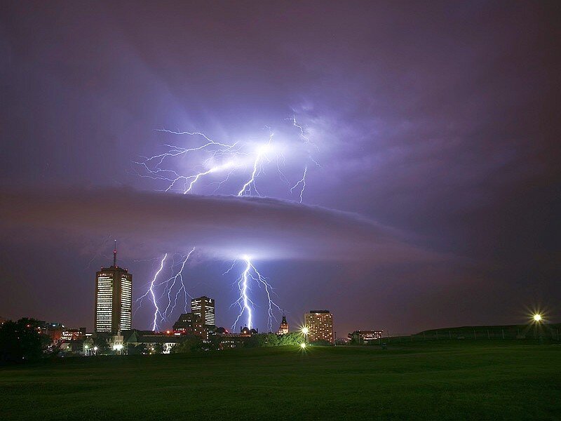 Lightning over City — Purple, Dramatic, Night, Photograph, Buildings, Sky, Field