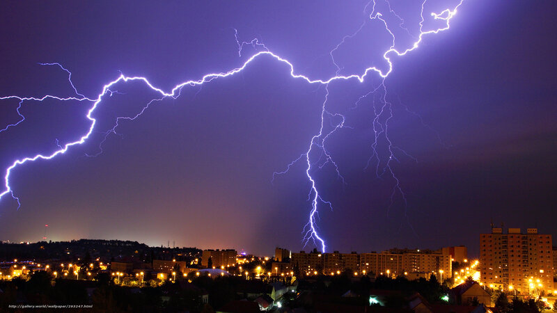 Lightning over City — Purple, Dramatic, Night, Photograph, Buildings, Sky