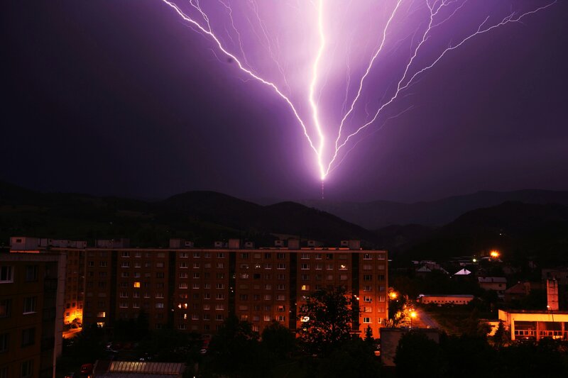 Lightning over City — Purple, Dramatic, Night, Photograph, Buildings