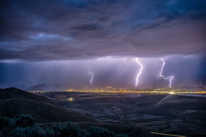 Lightning over City — Purple, Dramatic, Night, Photograph, City Lights, Hills