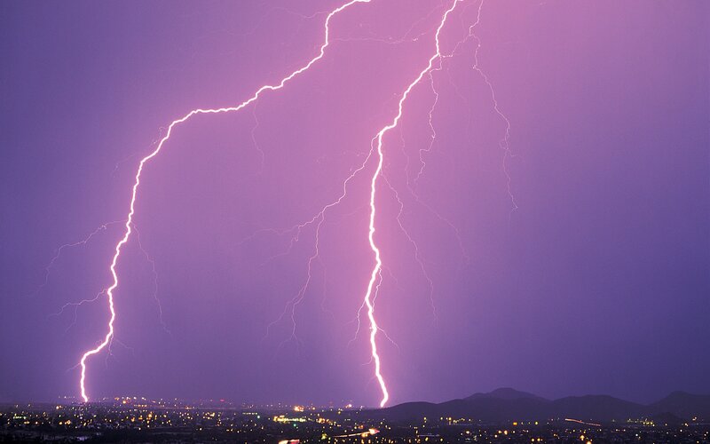 Lightning over City — Purple, Dramatic, Night, Photograph, City Lights, Mountains