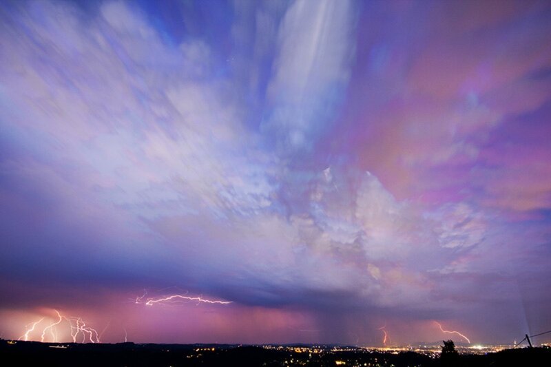 Lightning over City — Purple, Dramatic, Night, Photograph, City Lights