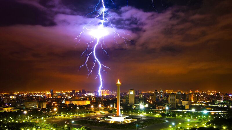 Lightning over City — Purple, Dramatic, Night, Photograph, Cityscape