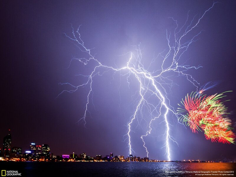 Lightning over City — Purple, Dramatic, Night, Photograph, Fireworks
