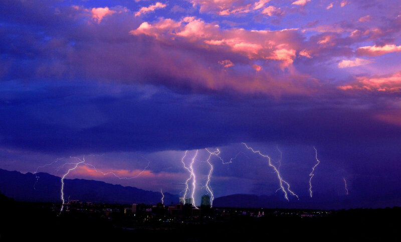 Lightning over City — Purple, Dramatic, Night, Photograph, Mountains, Clouds