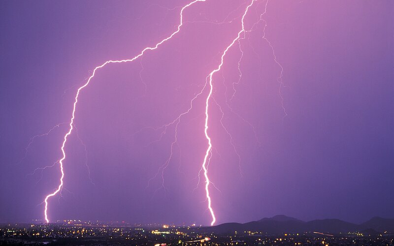 Lightning over City — Purple, Dramatic, Night, Photograph, Mountains, Sky