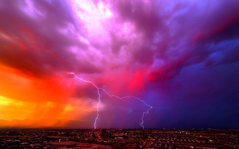 Lightning over City — Purple, Dramatic, Night, Photograph, Mountains, Storm