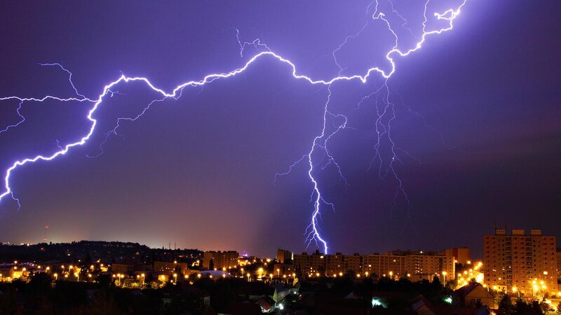 Lightning over City — Purple, Dramatic, Night, Photograph, Sky