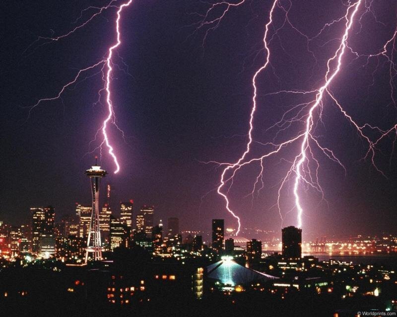 Lightning over City — Purple, Dramatic, Night, Photograph, Skyline, Space Needle