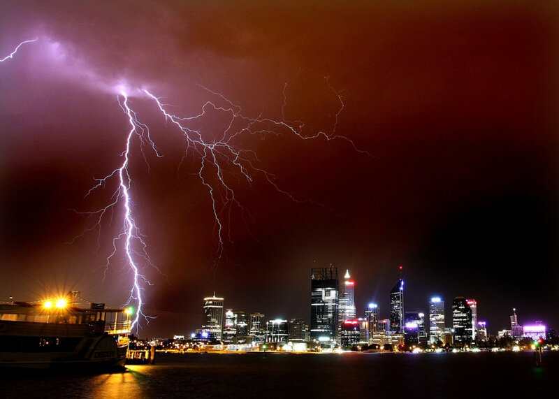 Lightning over City — Purple, Dramatic, Night, Photograph, Skyscraper, Boat