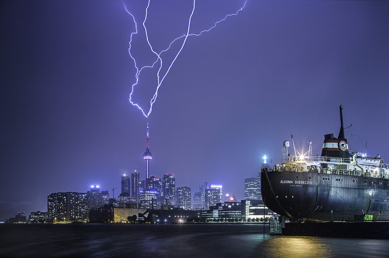 Lightning over City — Purple, Dramatic, Night, Photograph, Skyscraper, Ship