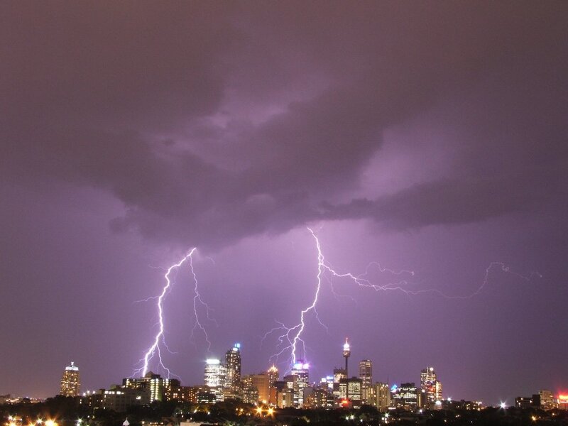 Lightning over City — Purple, Dramatic, Night, Photograph, Skyscraper, Storm Clouds