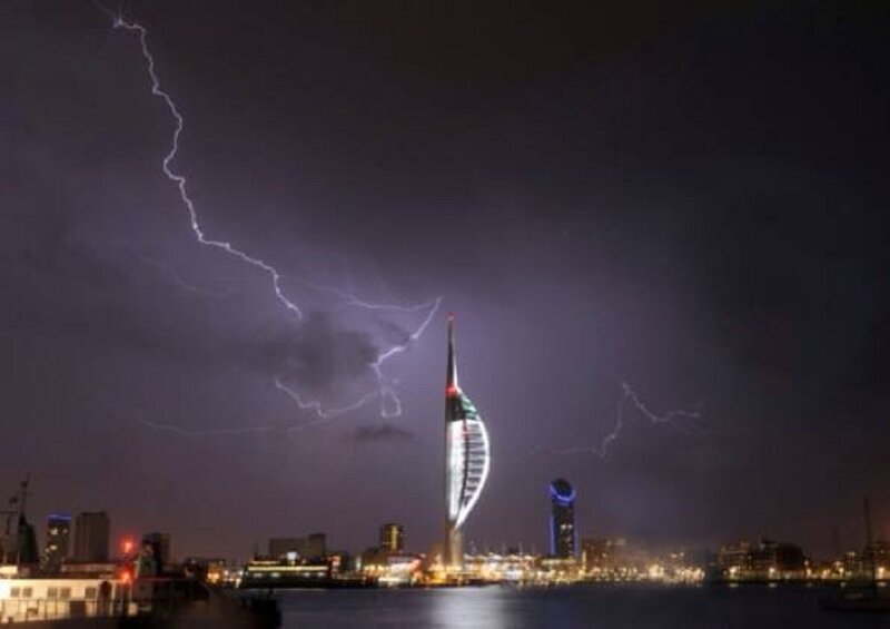 Lightning over City — Purple, Dramatic, Night, Photograph, Skyscraper, Storm