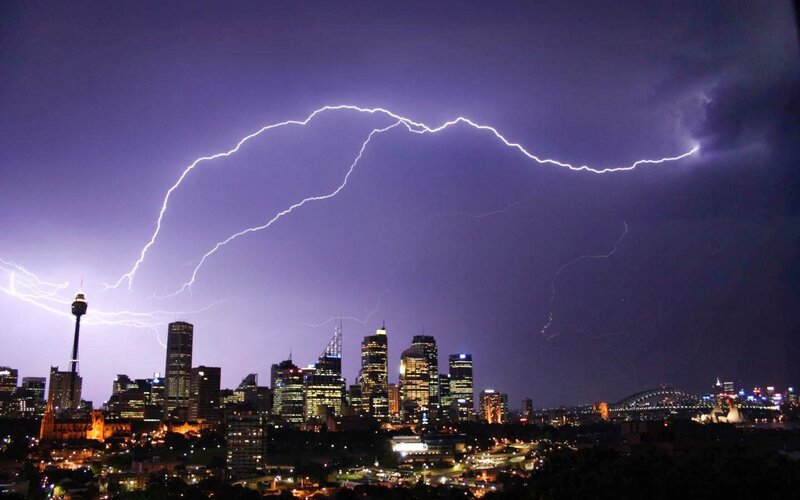 Lightning over City — Purple, Dramatic, Night, Photograph, Skyscraper