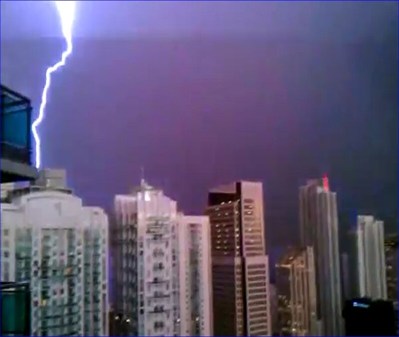 Lightning over City — Purple, Dramatic, Night, Photograph, Skyscrapers, Storm, Sky