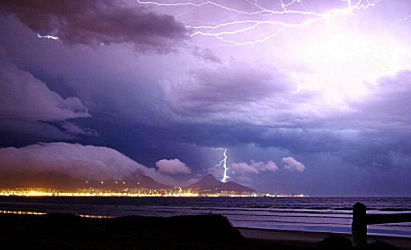 Lightning over City — Purple, Dramatic, Night, Photograph, Storm Clouds