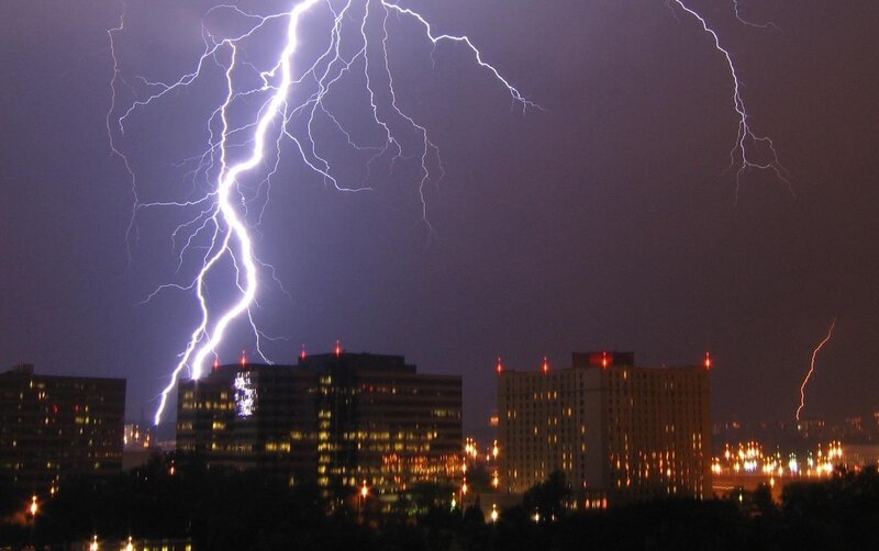Lightning over City — Purple, Dramatic, Night, Photograph