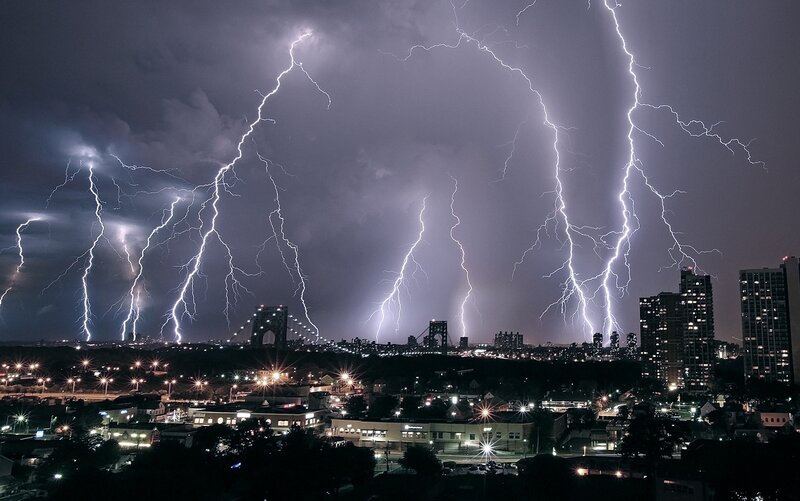 Lightning over City — Purple, Dramatic, Night