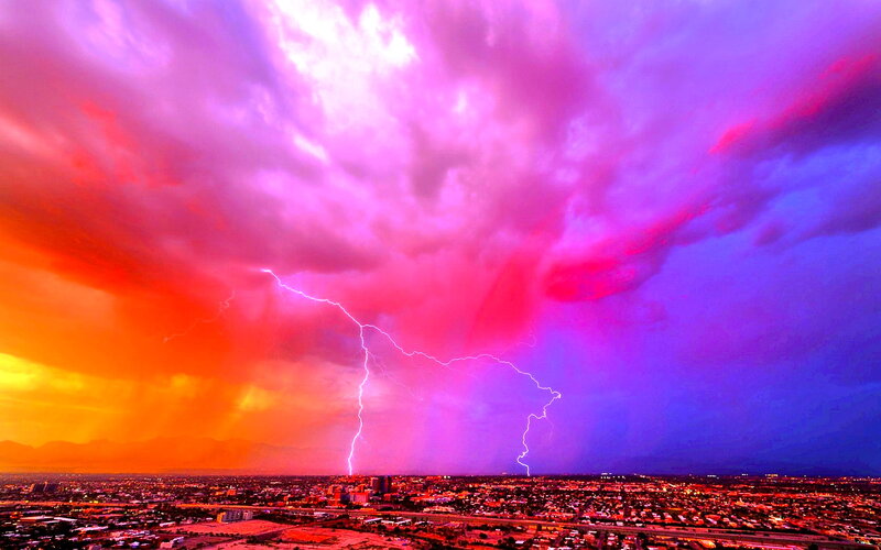 Lightning over City — Purple, Dramatic, Sunset