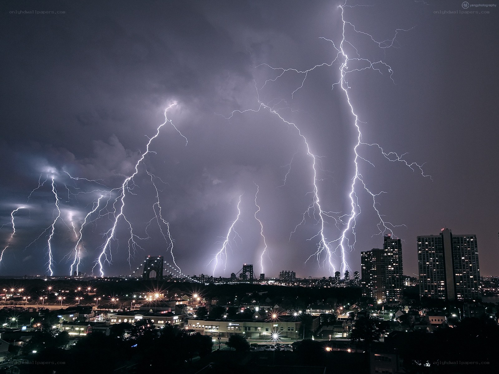 Lightning over city skyline