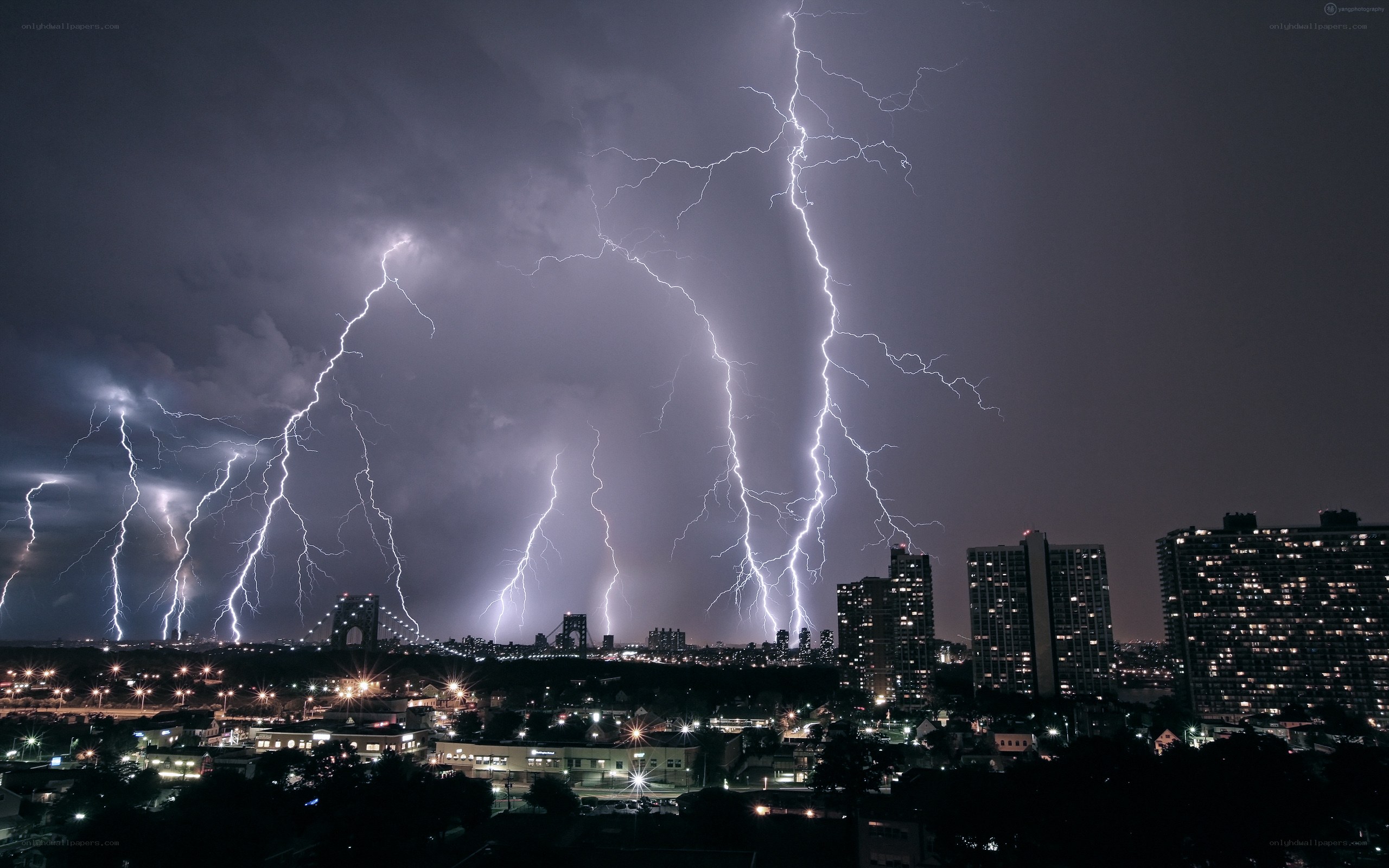 Lightning over city skyline