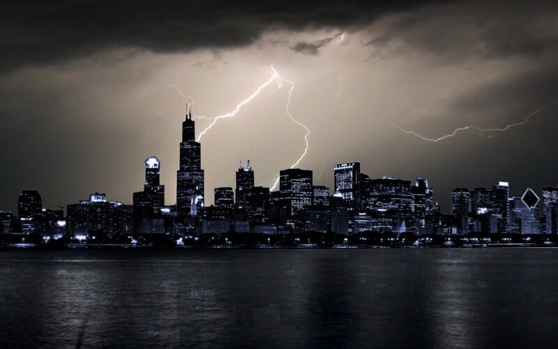 Lightning over city skyline