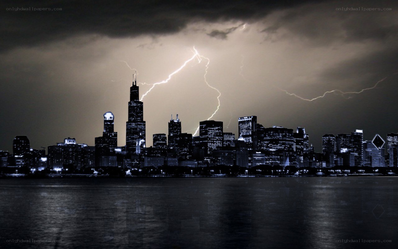 Lightning over city skyline