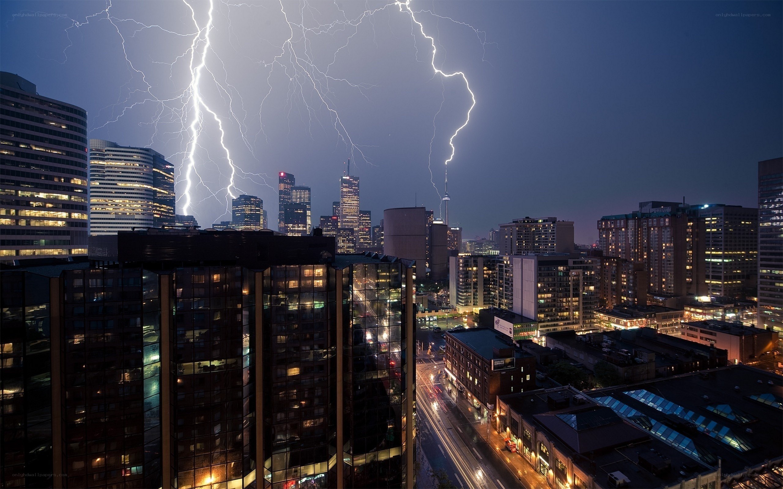 Lightning over city skyline