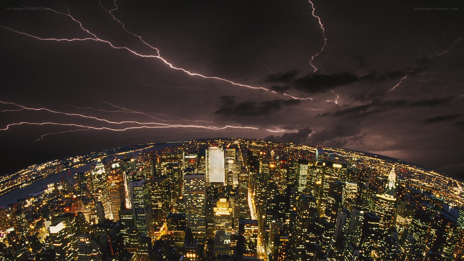 Lightning over city skyline