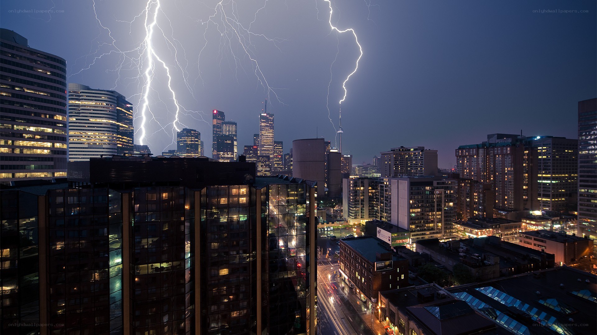 Lightning over city skyline