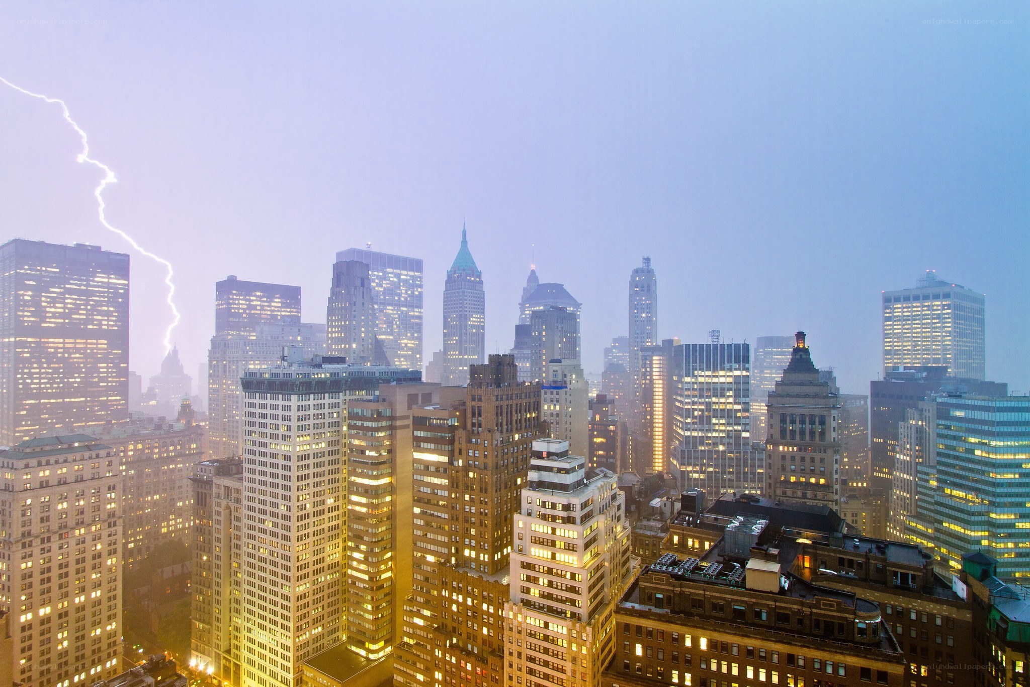 Lightning over city skyline
