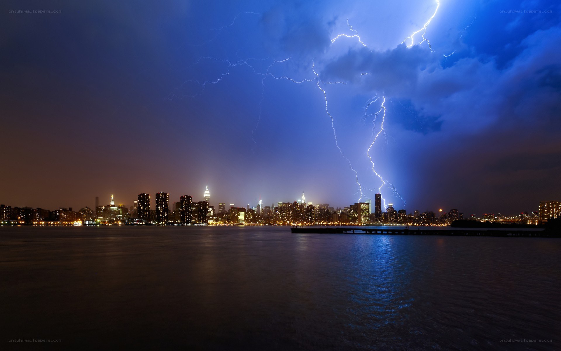 Lightning over city skyline