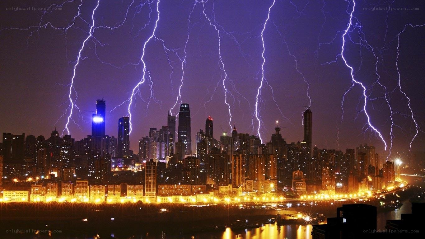 Lightning over city skyline