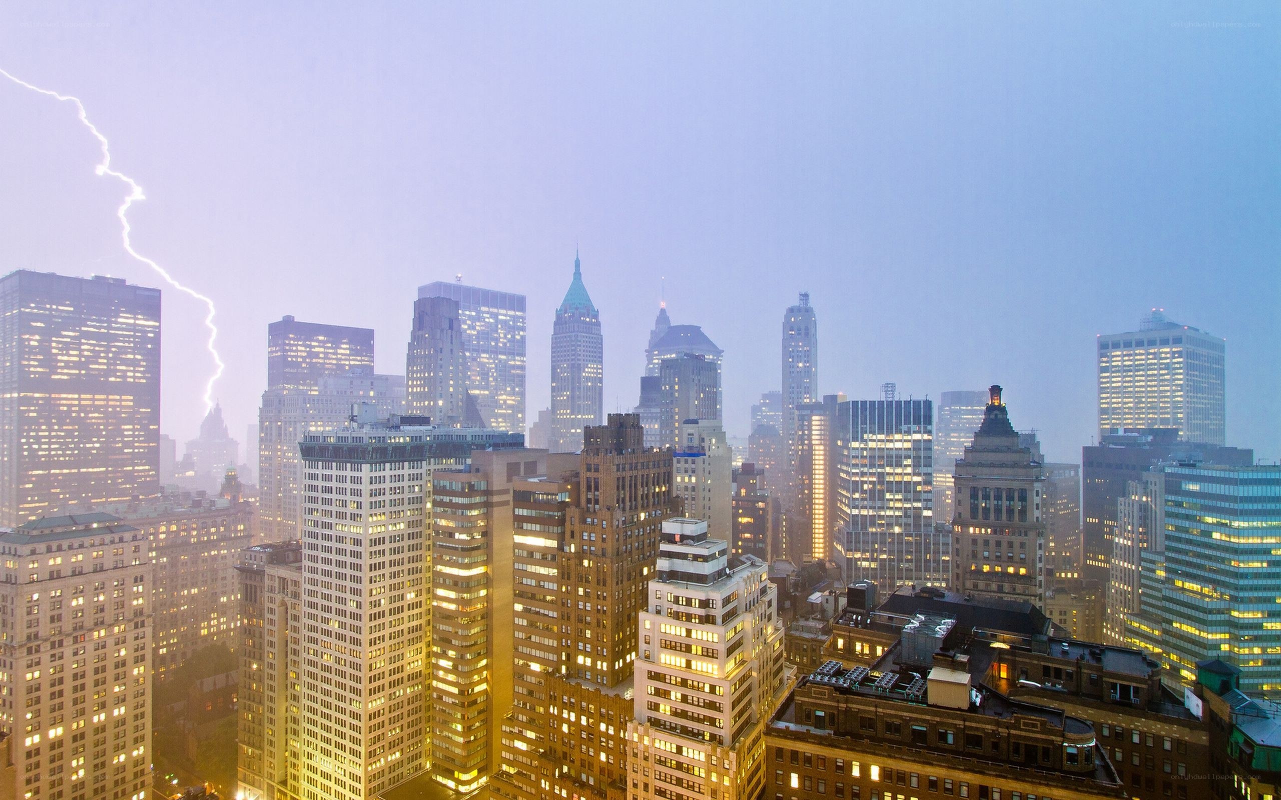 Lightning over city skyline
