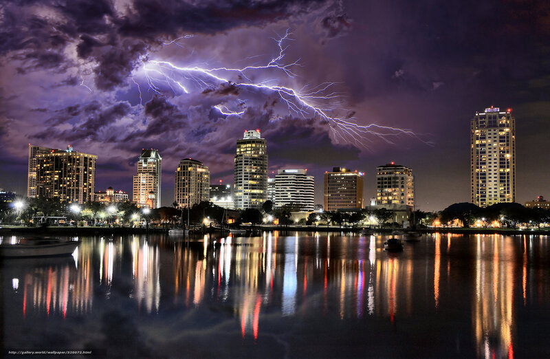 Lightning over city skyline