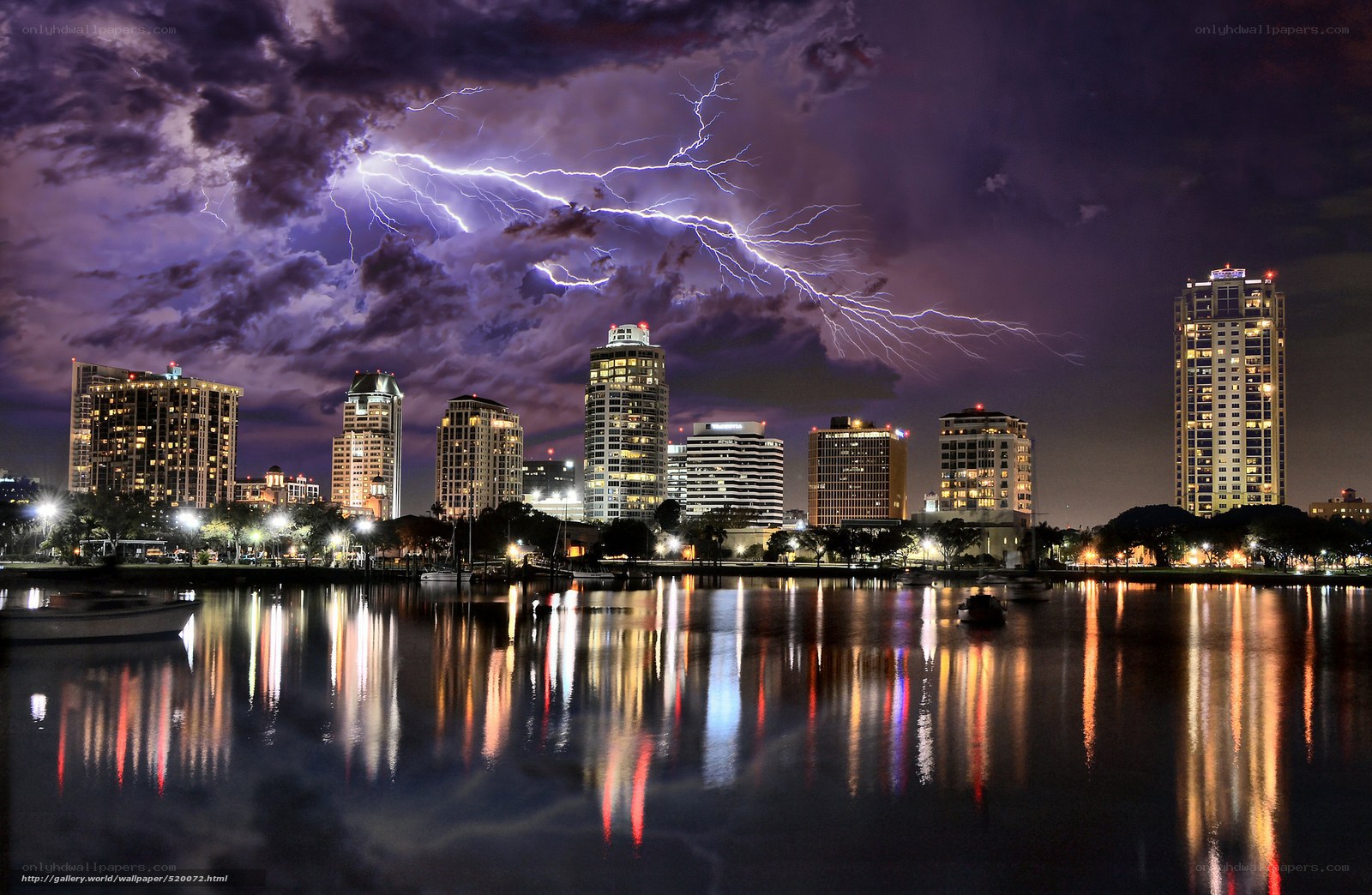 Lightning over city skyline