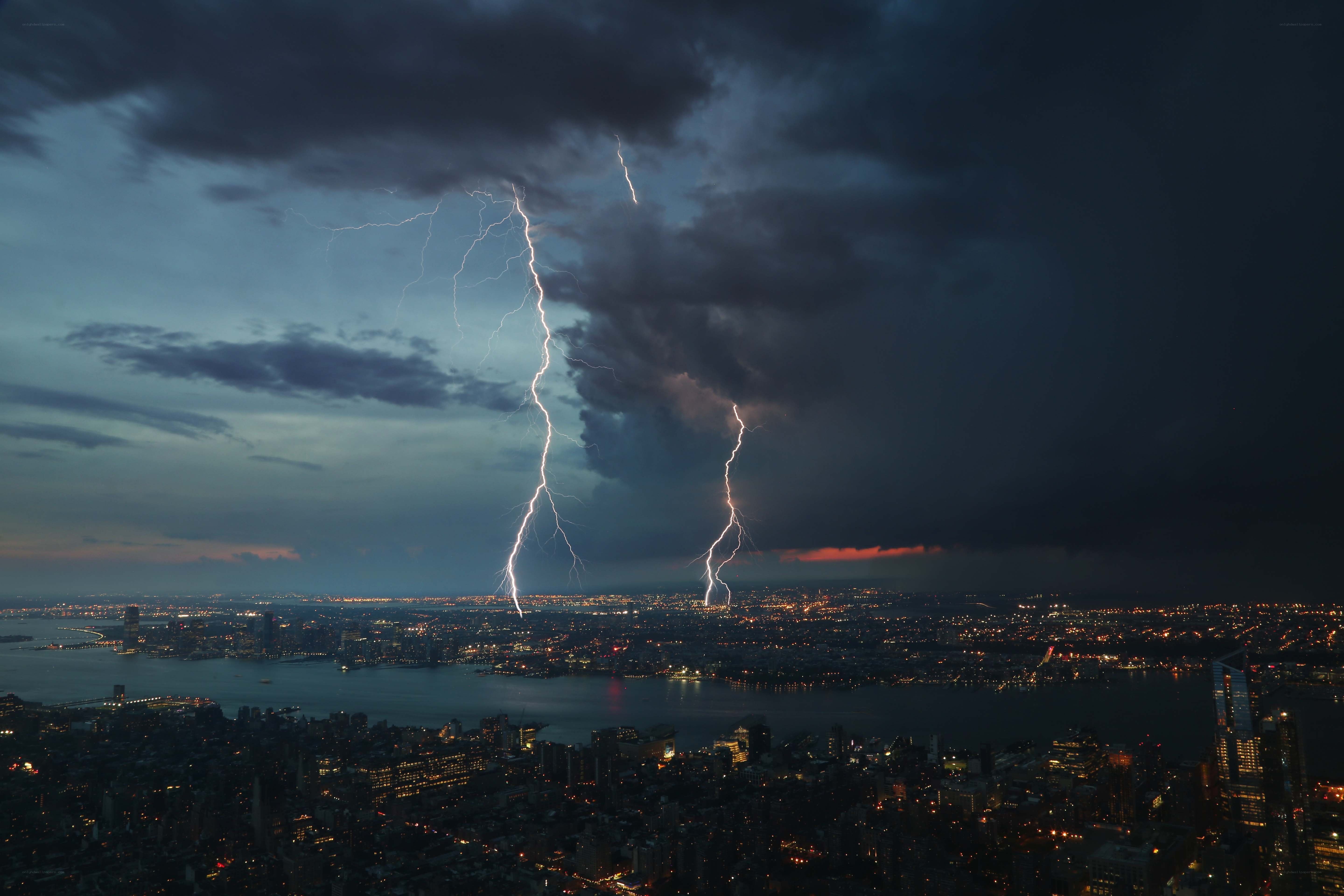 Lightning over city skyline