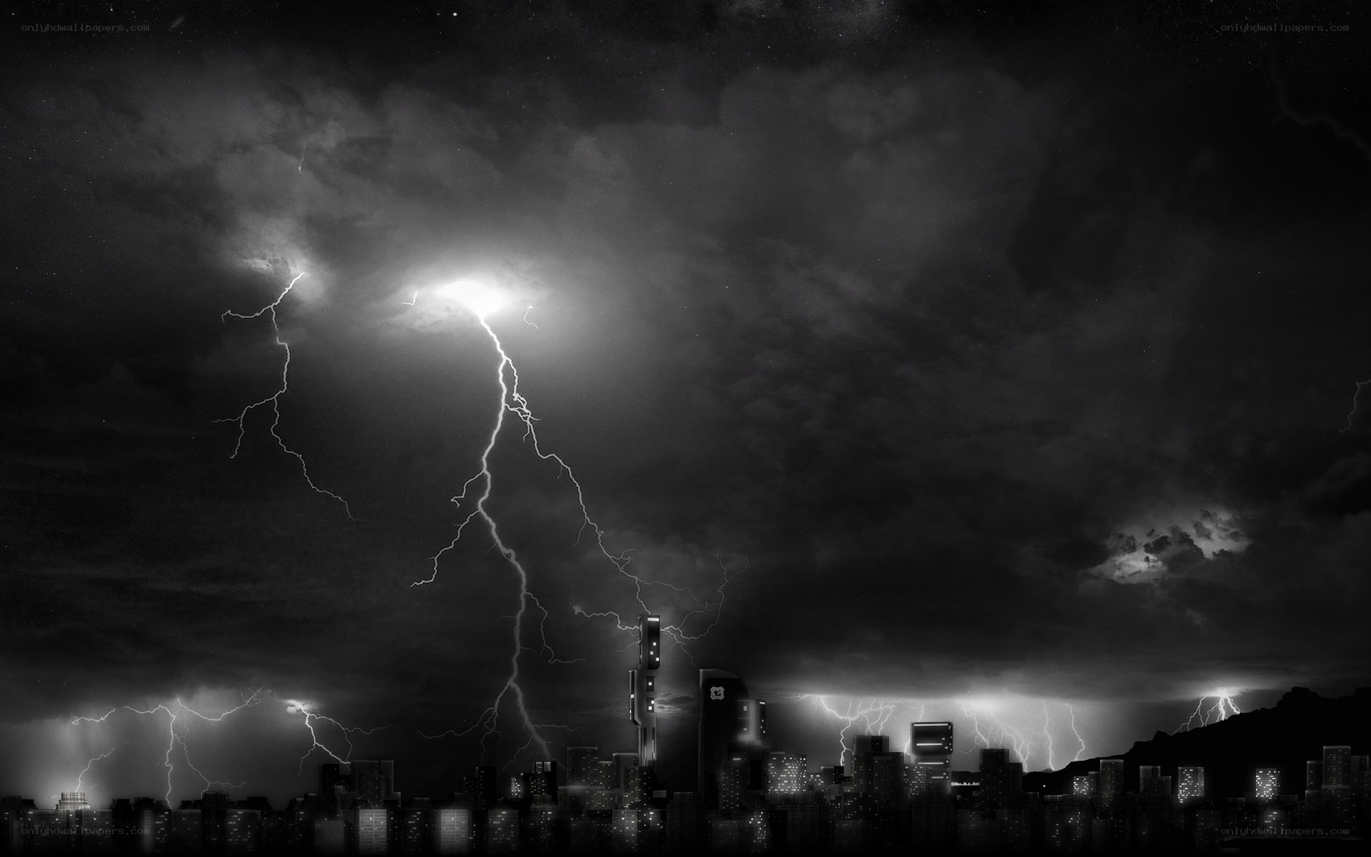 Lightning over city skyline