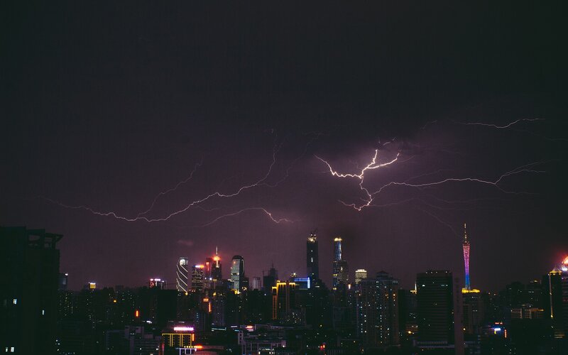Lightning over City Skyline — Black, Dramatic, Night
