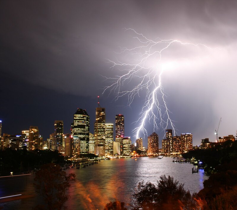 Lightning over City Skyline — Black, Dramatic