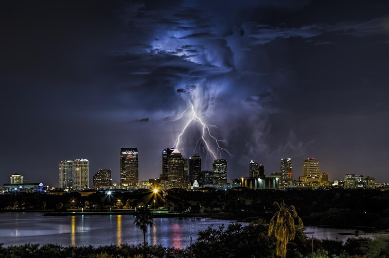 Lightning over City Skyline — Blue, Dramatic, Night, Photograph, Skyscraper