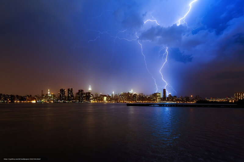 Lightning over City Skyline — Blue, Dramatic, Night, Photograph