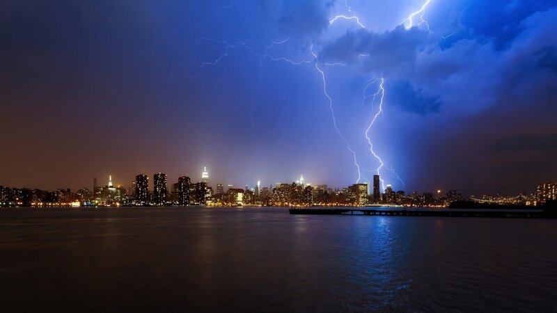 Lightning over City Skyline — Blue, Dramatic, Night, Photograph, Water