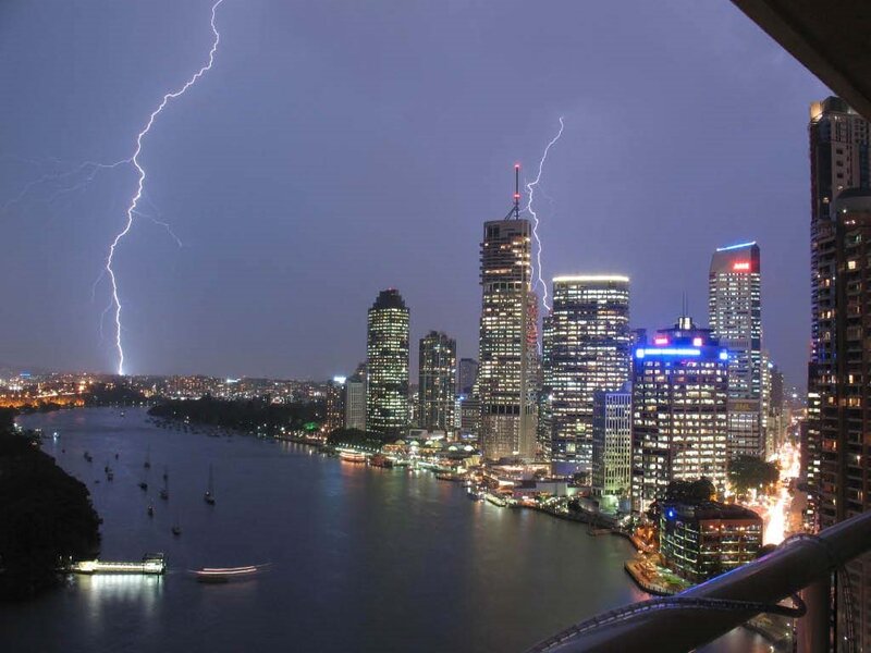 Lightning over City Skyline — Blue, Dramatic, Night